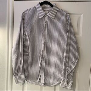 BKE Slim Fit Mens Button Front Shirt White Gray Stripe Long Sleeve Size L
